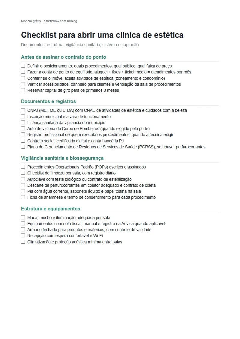 Primeira página do checklist em PDF para abrir uma clínica de estética