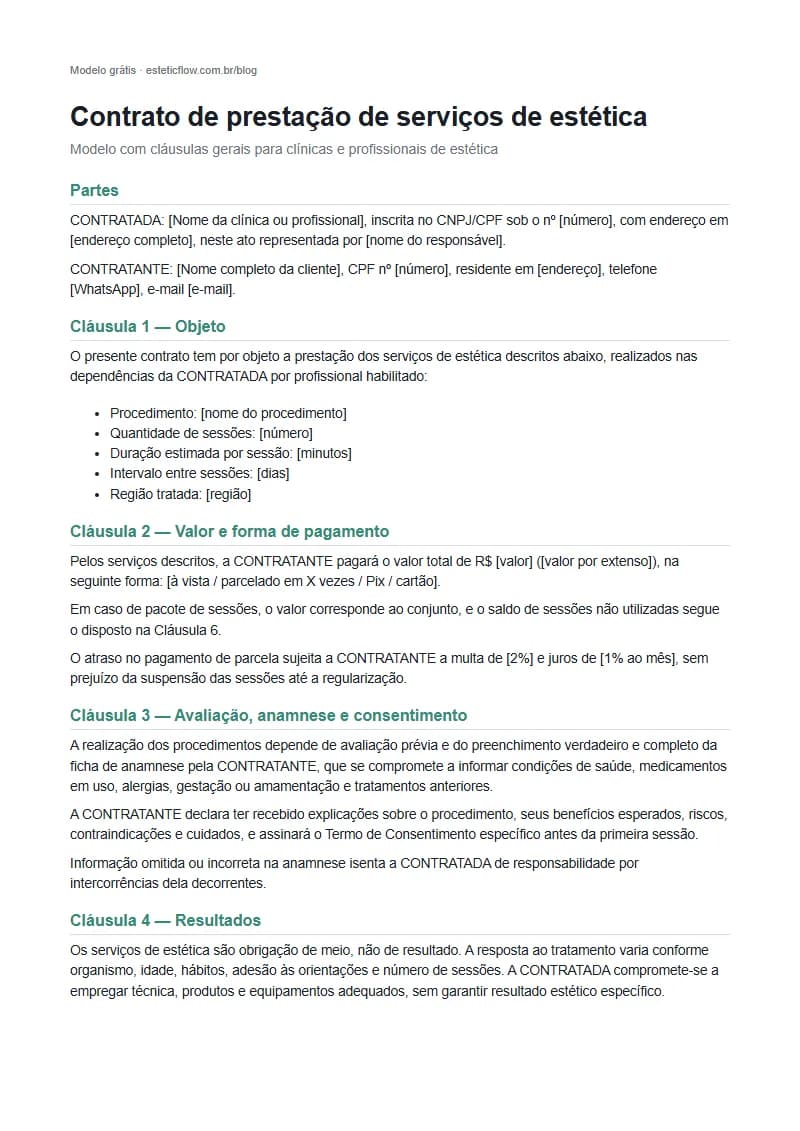 Primeira página do modelo de contrato de prestação de serviços de estética