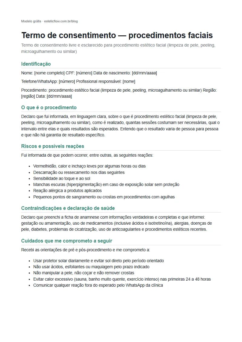 Primeira página do modelo de termo de consentimento para procedimentos faciais