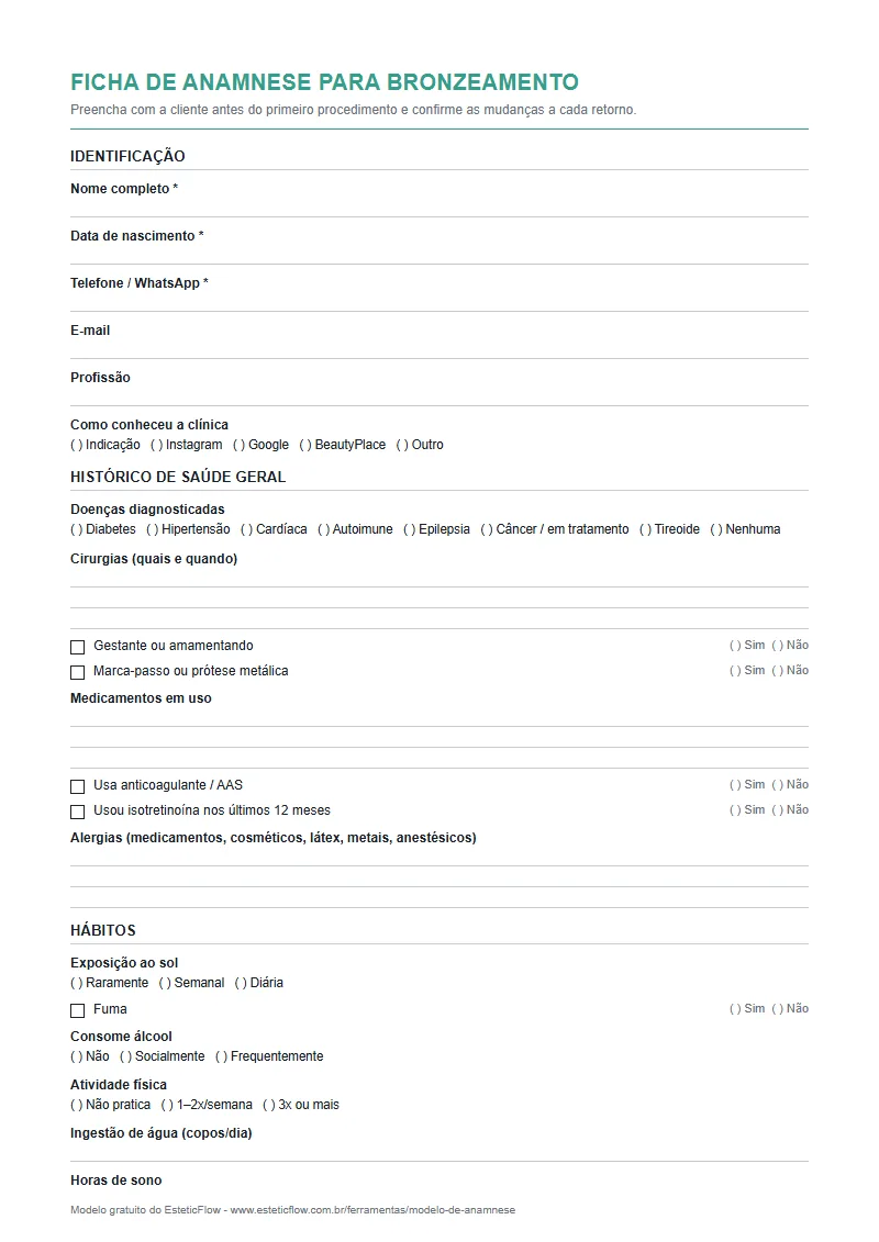 Modelo de ficha de anamnese de bronzeamento em PDF para imprimir