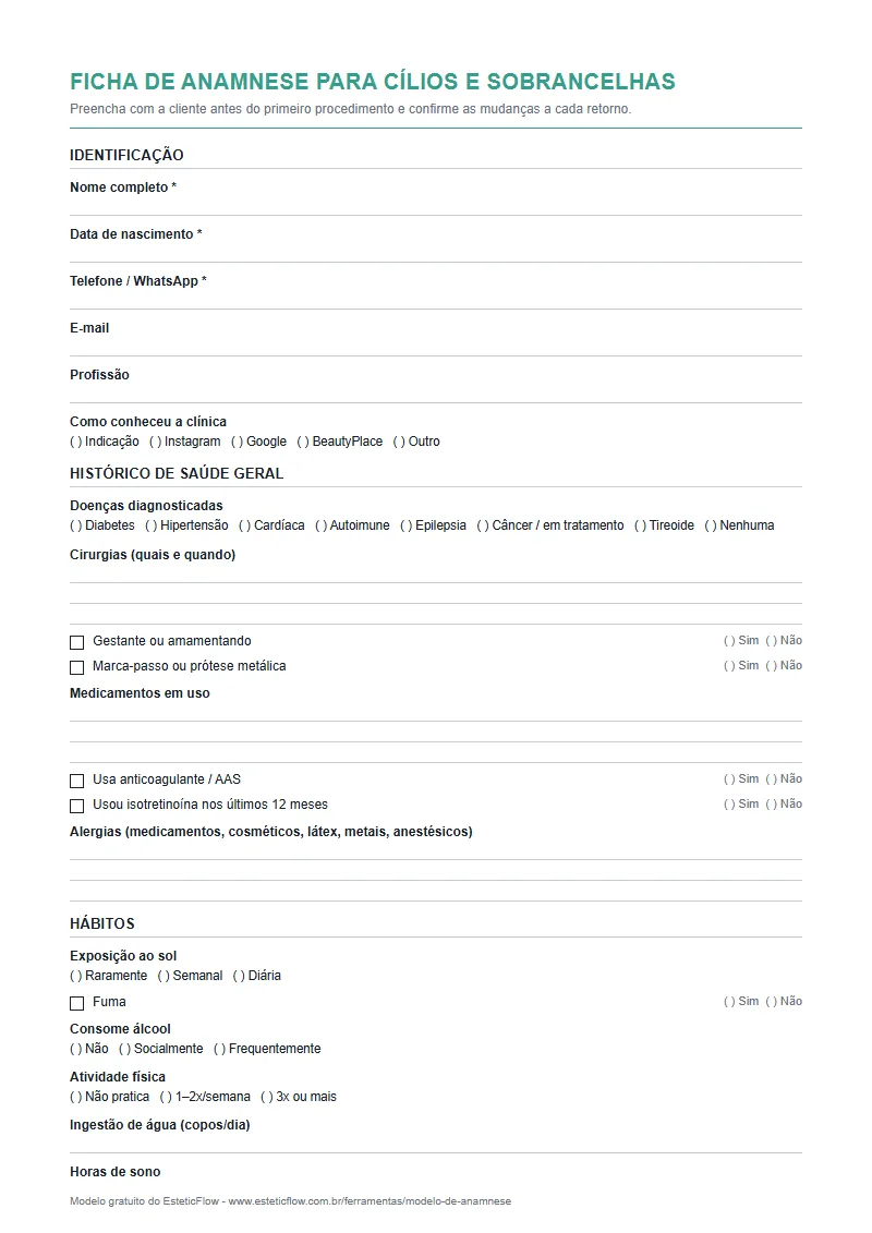 Modelo de ficha de anamnese cílios e sobrancelhas em PDF para imprimir