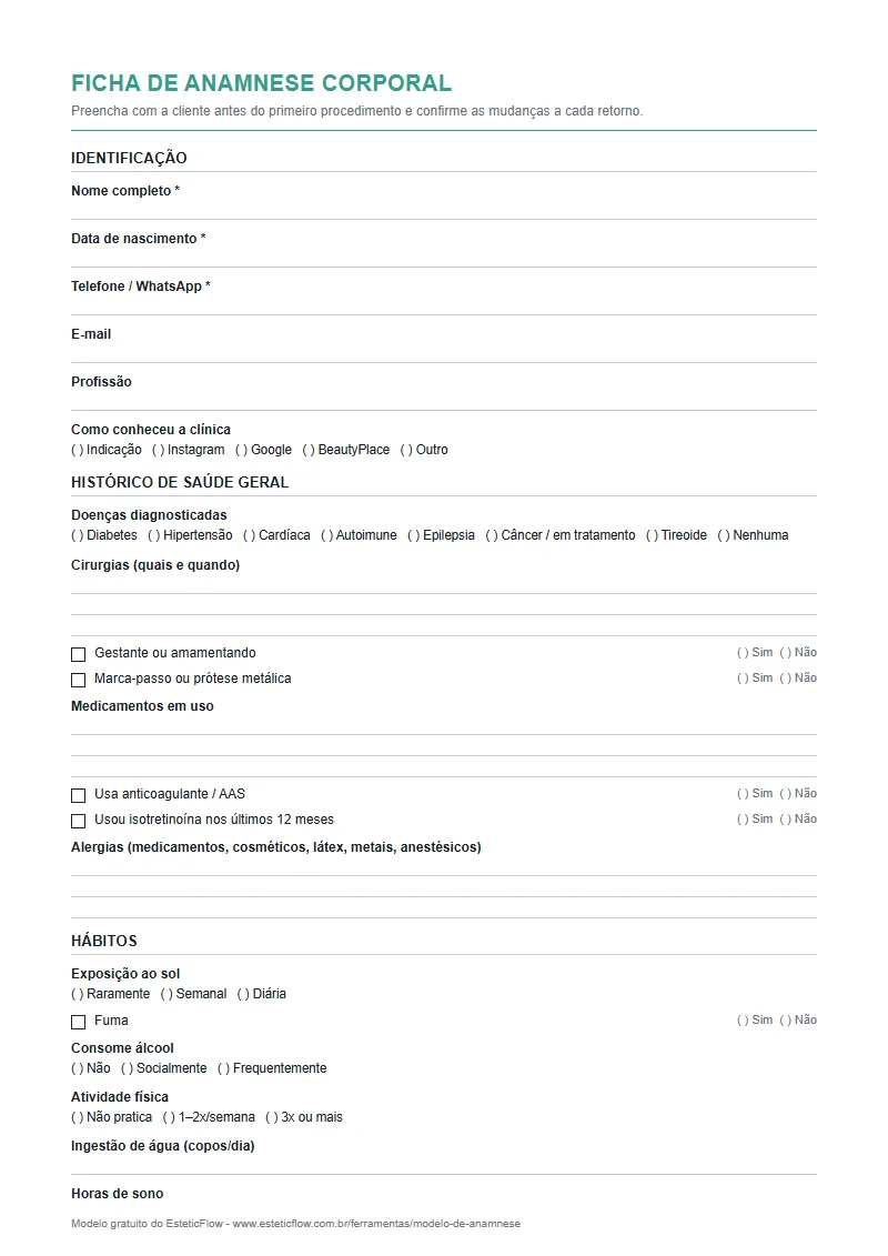 Modelo de ficha de anamnese corporal em PDF para imprimir