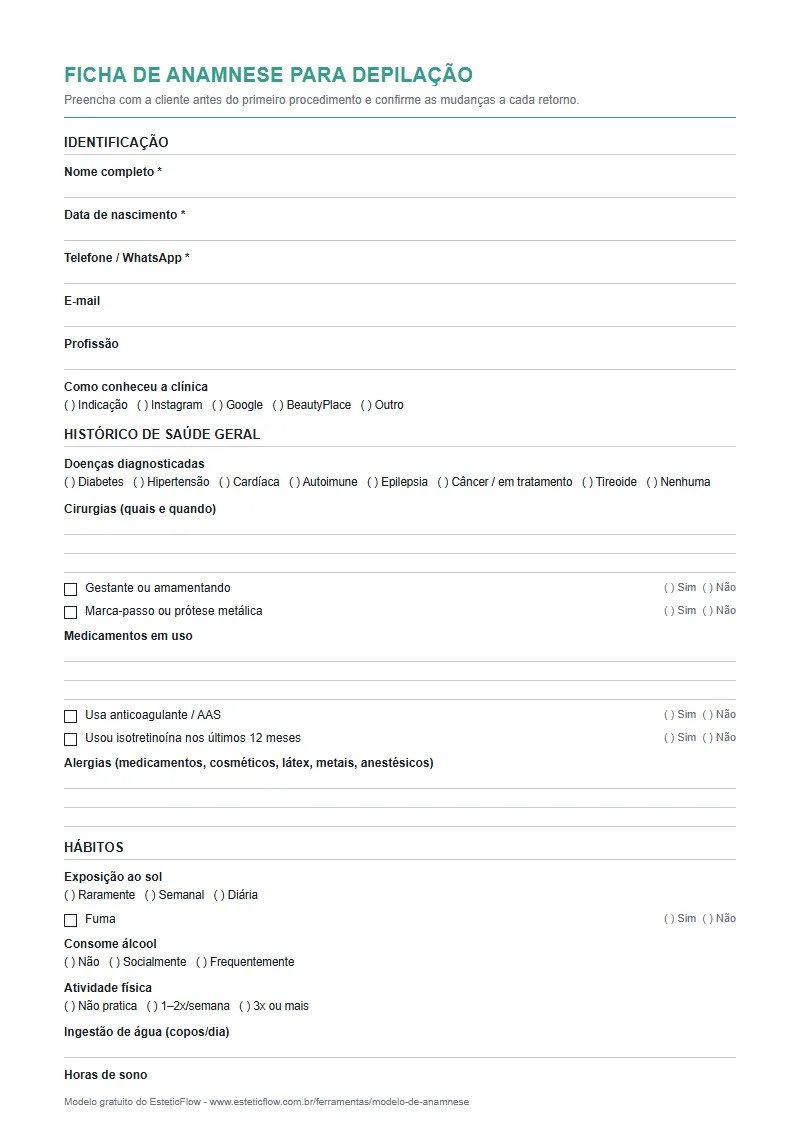 Modelo de ficha de anamnese depilação em PDF para imprimir