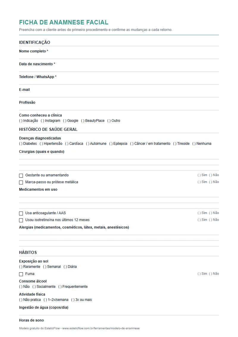 Modelo de ficha de anamnese facial em PDF para imprimir