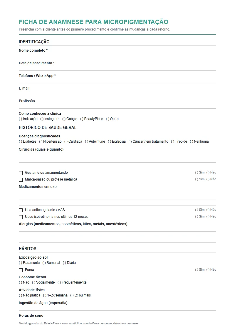 Modelo de ficha de anamnese micropigmentação em PDF para imprimir