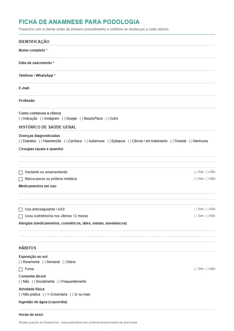 Modelo de ficha de anamnese podologia em PDF para imprimir
